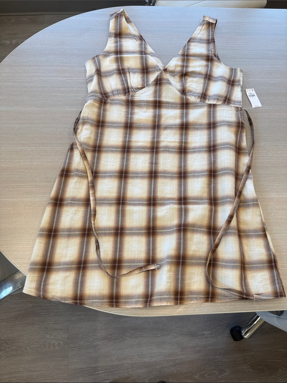 Old Navy Brown and Cream Plaid Sleeveless Wrap Dress